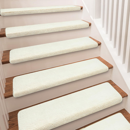 PURE ERA Carpet Stair Treads Ultra Plush 9.5" X 30"Soft Bullnose Indoor Stair Protectors Pet-Friendly Non-Slip Skid Resistant Tape Free Washable Reusable(2 Pieces,White)