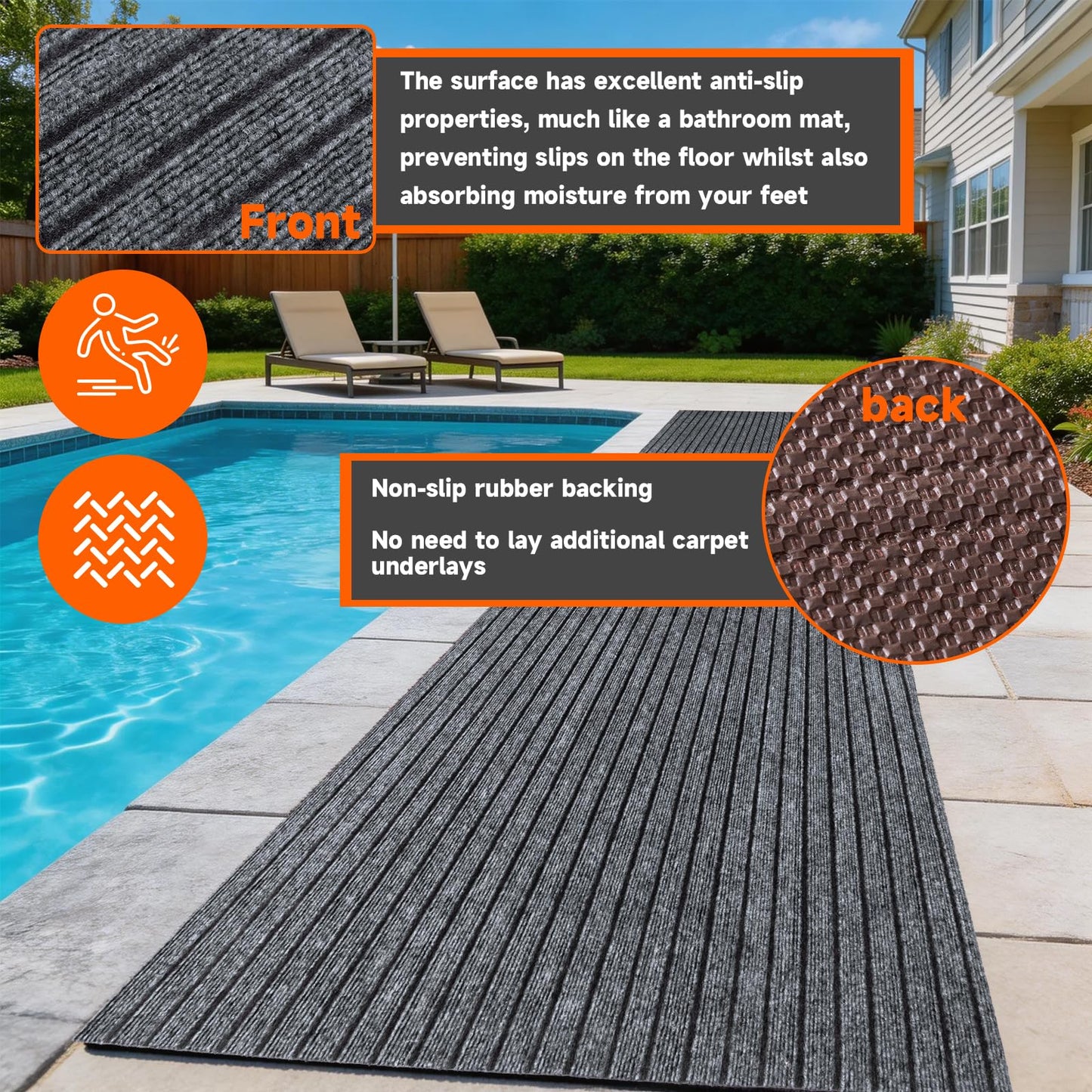 Indoor Outdoor Runner Rug 3 x 10 ft, Gray Non Slip Rubber Backed Floor Runner, Low Profile Area Carpet for Hallway, Kitchen, Entryway, Balcony, Garage, Stairs & Laundry, Stripe