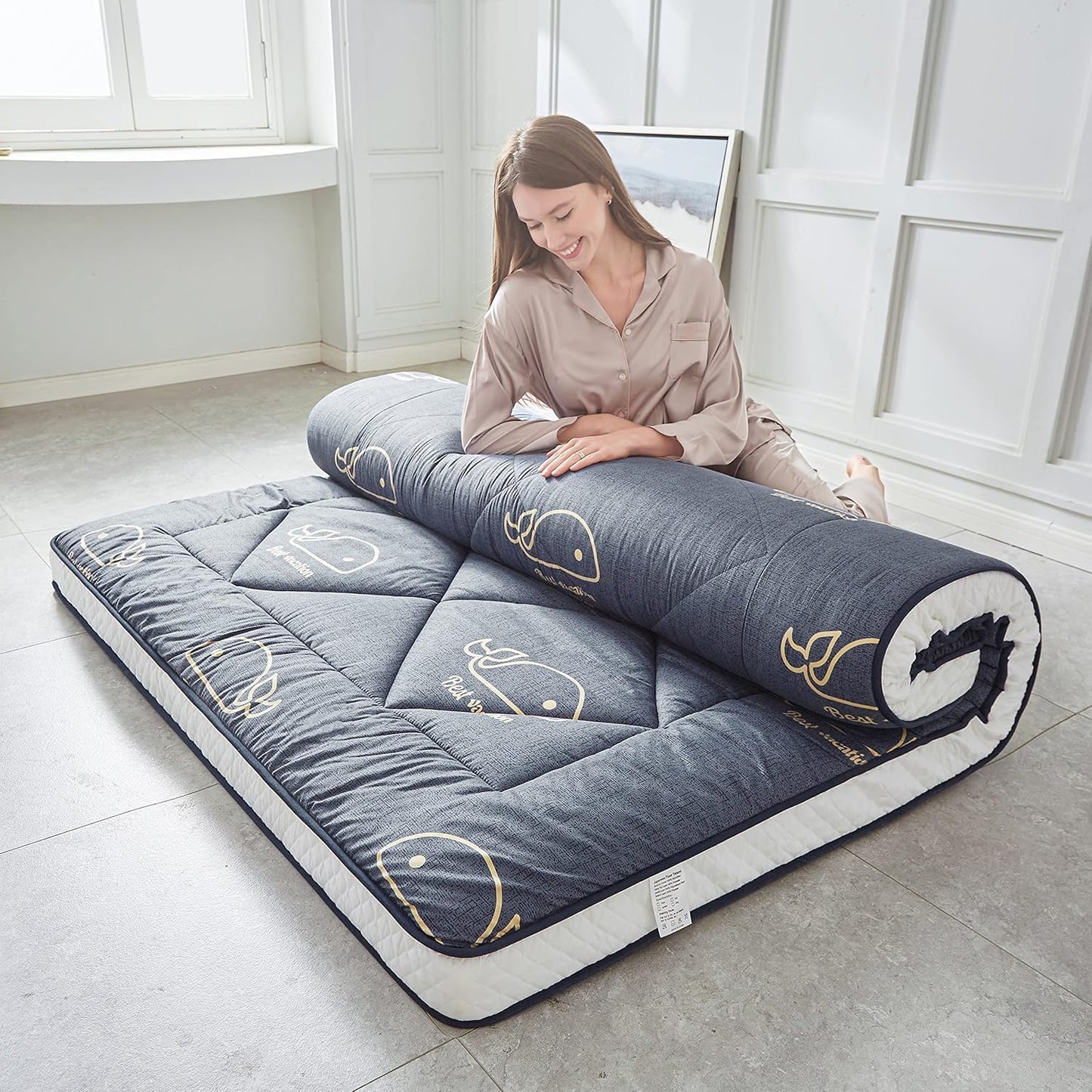 Japanese Floor Mattress Pad Foldable Sleeping Tatami Mat, Whale Pattern, Queen
