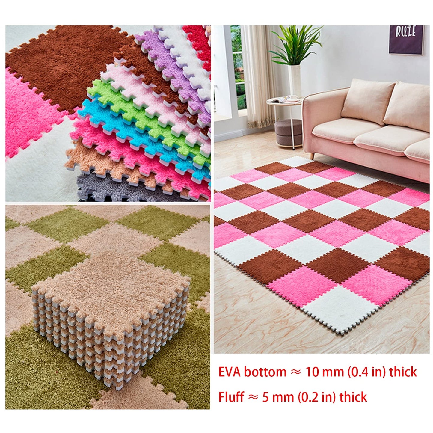 12 Pieces Thickened Plush Foam Interlocking Floor Mat,Fluffy Square Foam Tiles with 12 Edgings,Soft Anti-Slip Puzzle Area Rug Playmat for Bedroom,12X12inch,12 Tiles/11.6 Sq.Ft,Coffee+Camel+White
