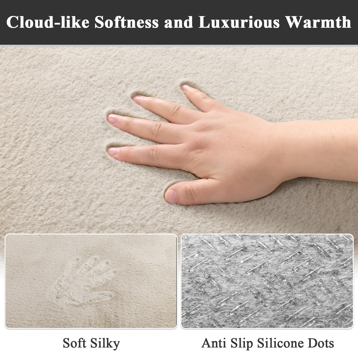 SHACOS Ultra Soft Faux Rabbit Fur Area Rug 5'x7', Non Slip Washable Padded Living Room Rugs, Fluffy Cozy Indoor Modern Carpet for Bedroom Dining Room Kids Room Dorm Home Decor, Beige