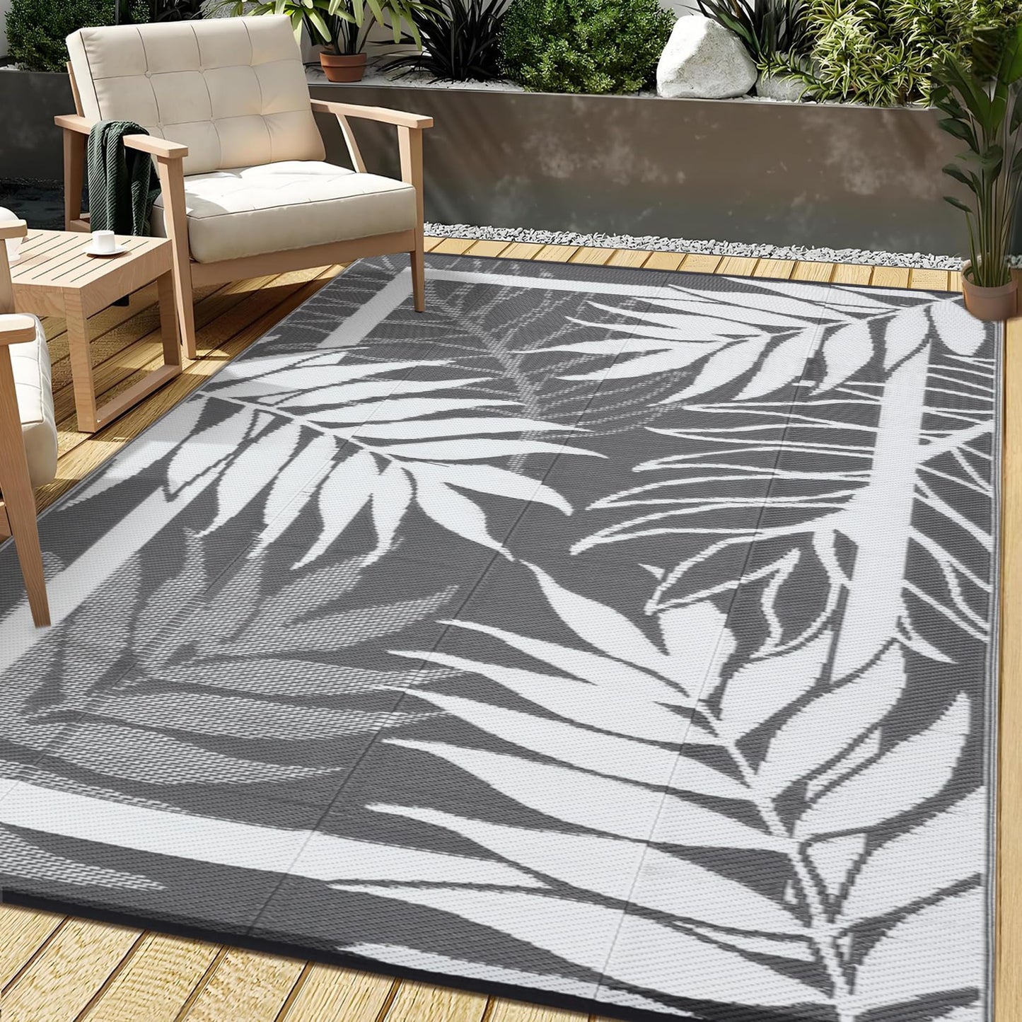 GAOMON 9'x18' Outdoor Rug Waterproof, Reversible Plastic Straw Rug for Large Patio, Backyard, Poolside, Deck – UV Resistant, Heavy Duty, Easy Clean Outdoor Carpet for High Traffic, Grey&White