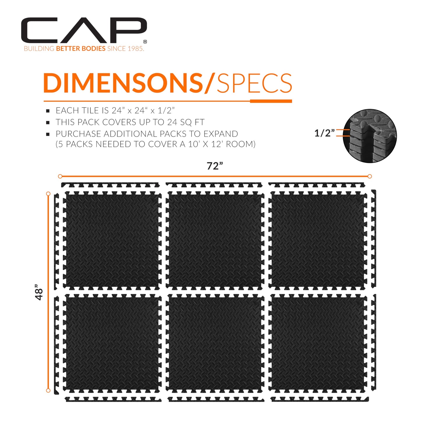 Cap Cap Puzzle Exercise Mat 24" x 24" x 1/2", 6 Pieces