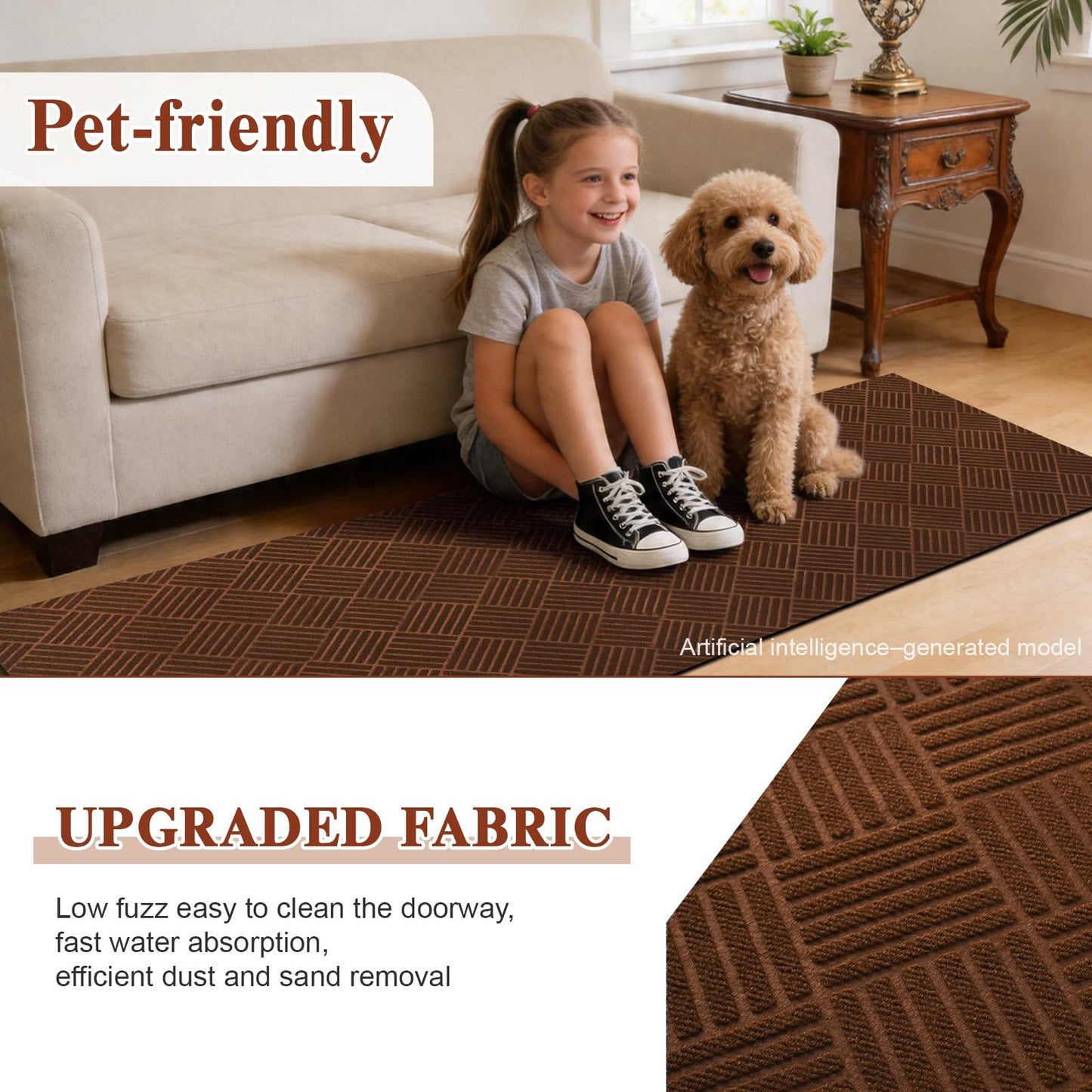 Runner Rugs with Rubber Backing for Hallway,2’x6’Fine Stripe Embossing Non-Slip Indoor Outdoor Doormat,for Entryway Balcony Patio Kitchen Garage Stair Laundry,Brown