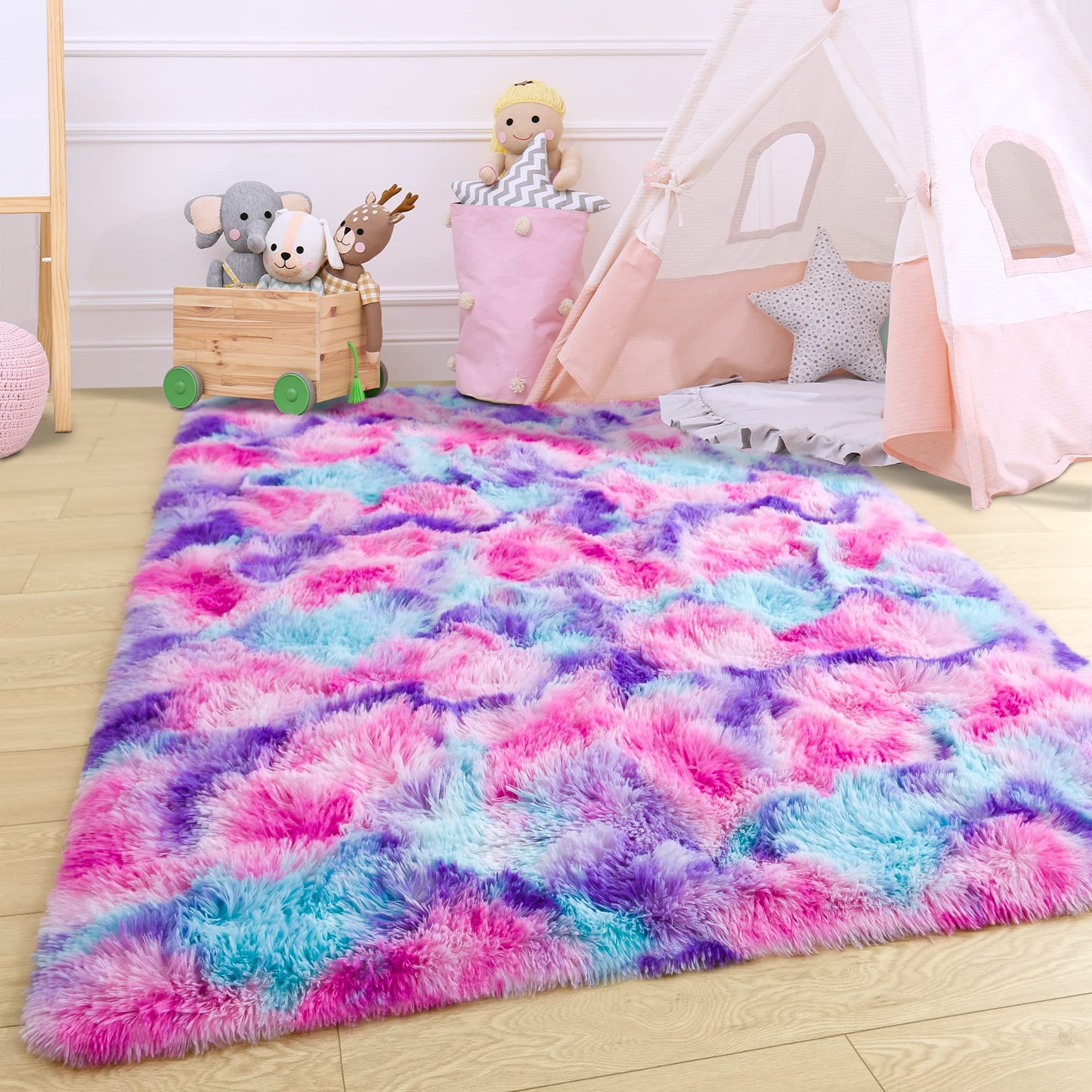 5x7 Large Tie-Dyed Pink Purple Blue Area Rug for Kids Living Room Bedroom, Fluffy Shag Soft Plush Furry Carpet, Non-Slip Indoor Floor Mat for Dining Room Home Decor