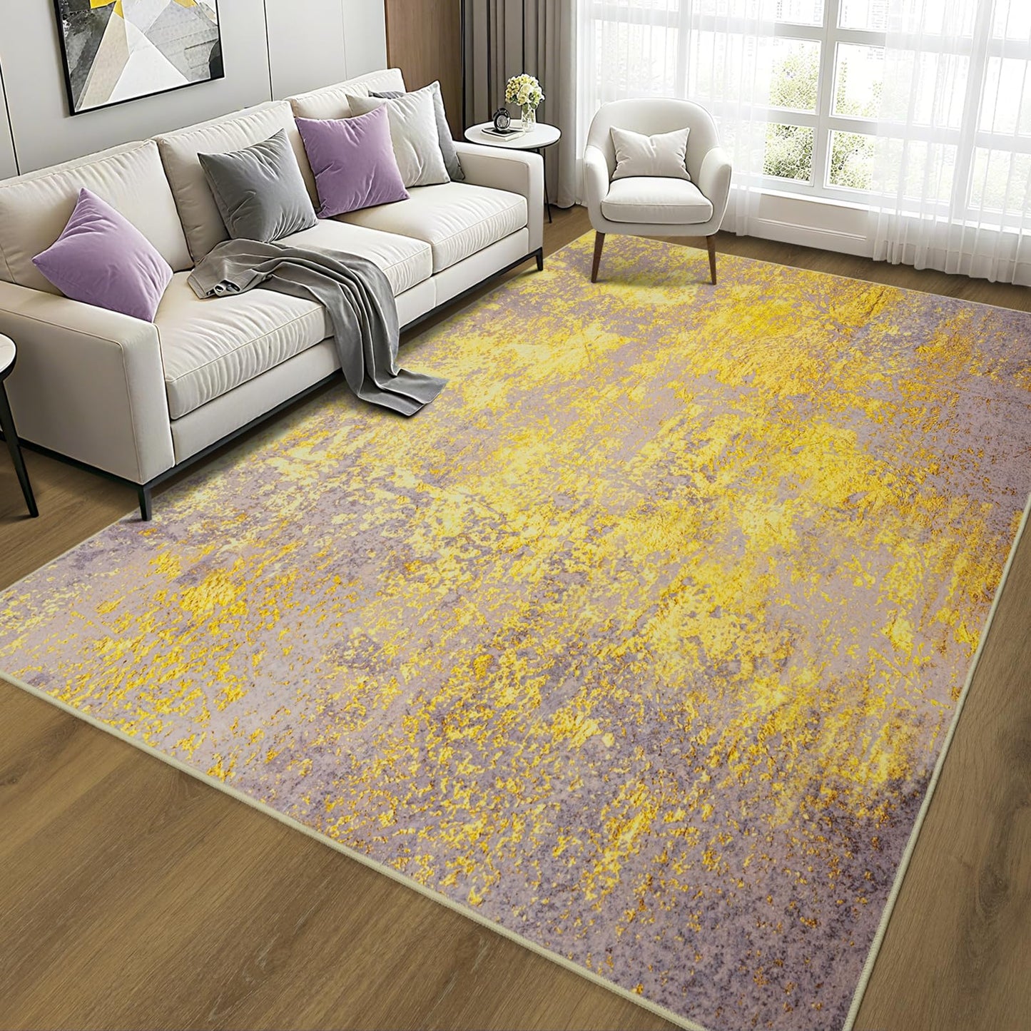 Merelax 5x7 Pink Yellow Living Room Area Rug, Large Washable Rugs for Bedroom Dining Room, Soft Boho Abstract Area Rugs, Modern Non Slip Low Pile Carpet for Office Study Kids Room