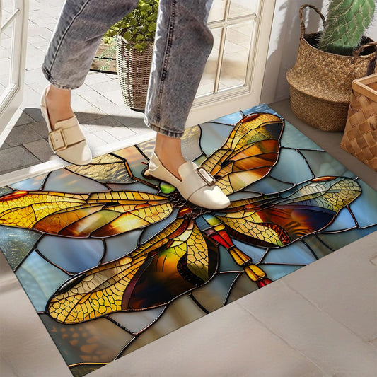 Stained Glass Dragonfly Indoor Door Mat, Non-Woven Fabric Door Mat, Anti-Slip Backing Welcome Mat for Front Door, Indoor Entrance, Kitchen, Bedroom, Living Room - Durable Floor Mat for Home Decor