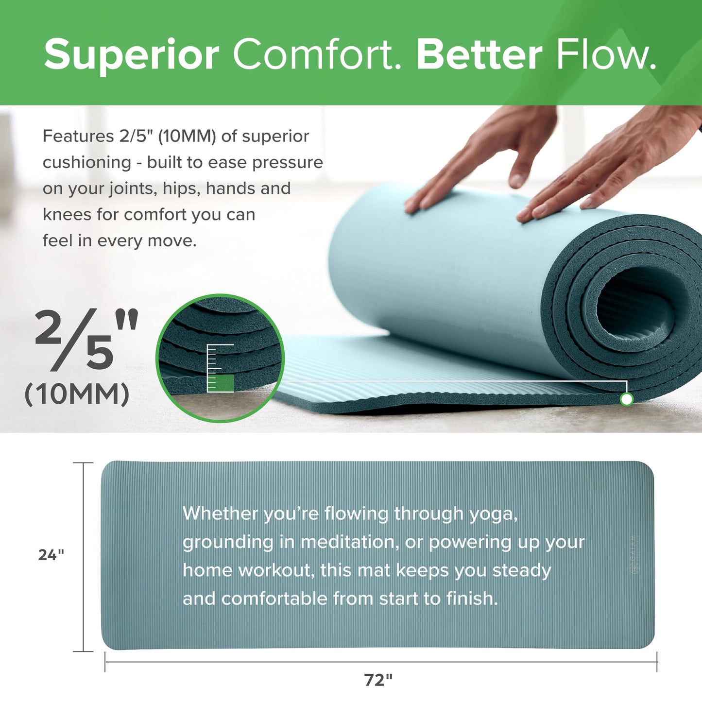 Gaiam Essentials Thick Yoga Mat Fitness & Exercise Mat with Easy-Cinch Carrier Strap, Black, 72"L X 24"W X 2/5 Inch Thick