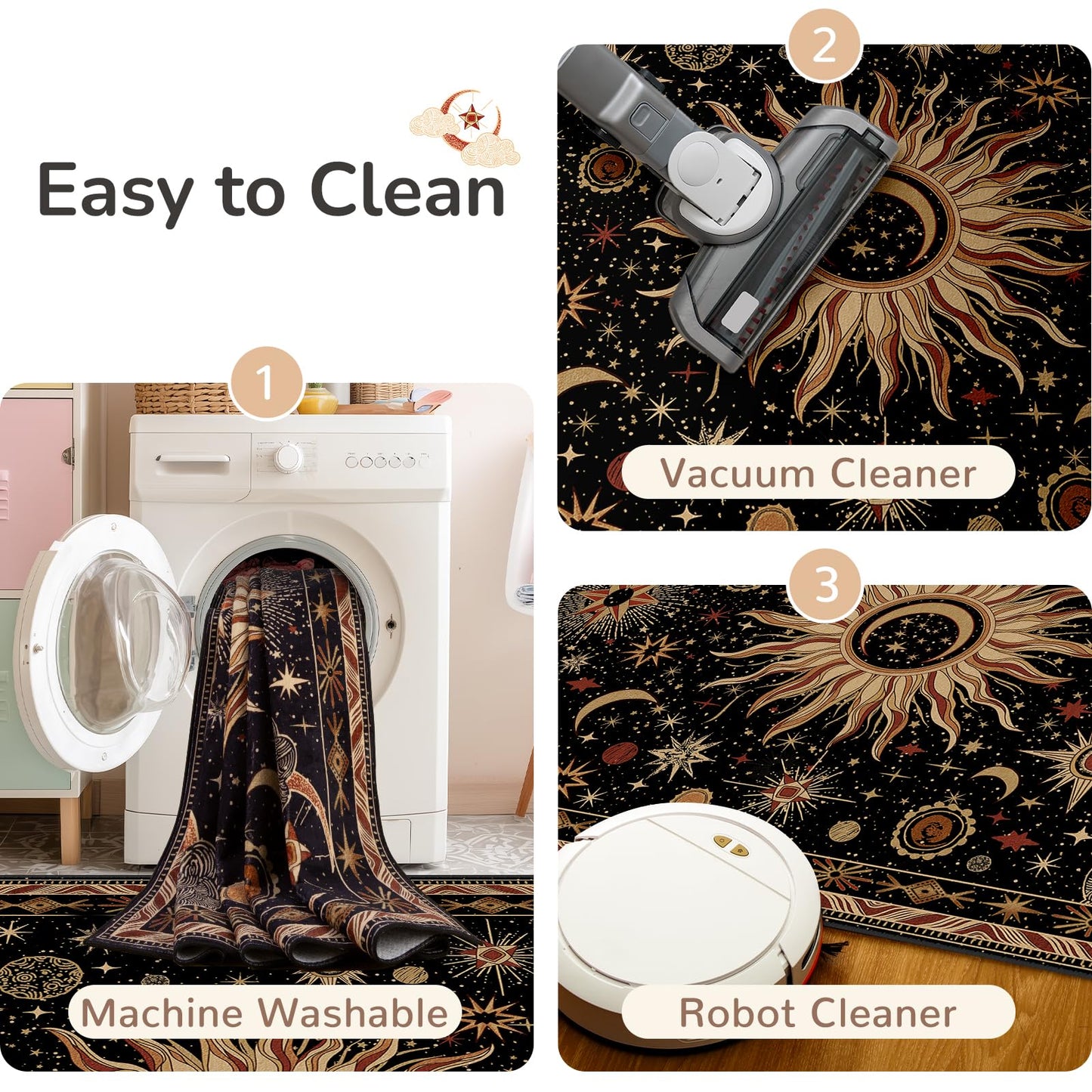 meejou 5x7 Area Rugs, Washable Vacuum-Friendly Non-Slip Rug Vintage Boho Gothic Sun and Moon Printed Pattern Low Pile Carpet for Living Room Bedroom Dining Room Hallway Entryway,Black Gold Beige Red