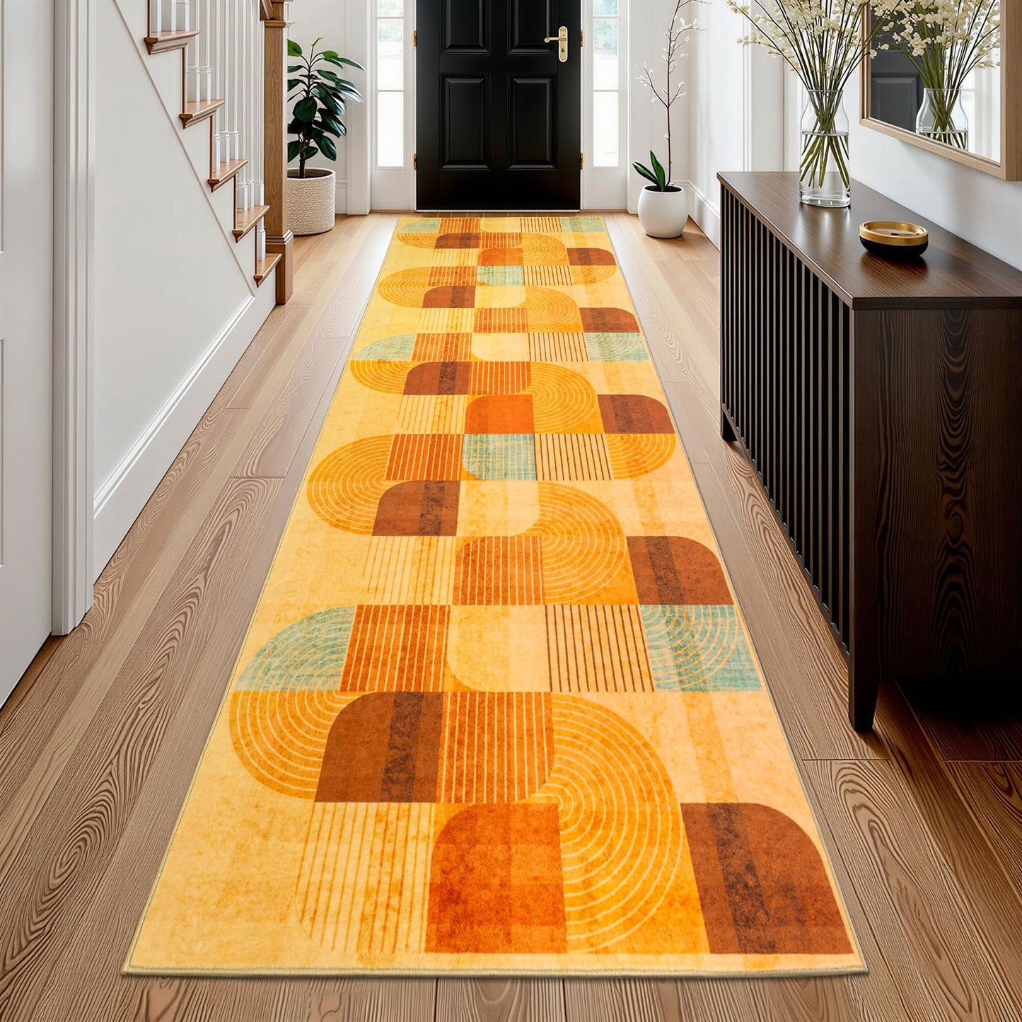 Ailyei 4x10 ft Wide Hallway Runner Rug, Soft Non Slip Washable Modern Geometric Kitchen Rugs, Wide Low-Pile Boho Floor Mat for Entrance, Bedroom, Entryway, Bathroom (Orange, 4x10 ft)