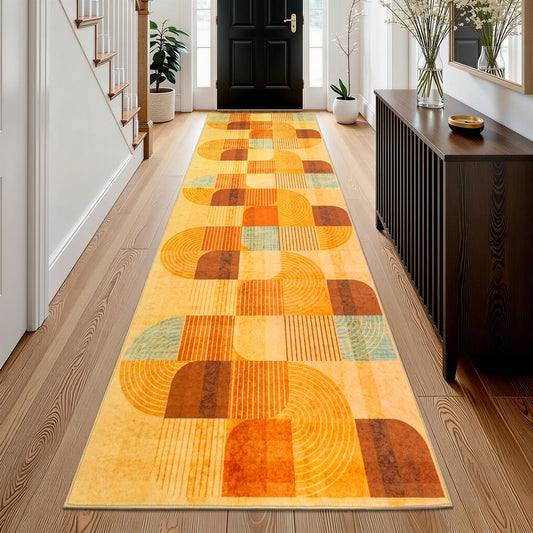 Ailyei 4x10 ft Wide Hallway Runner Rug, Soft Non Slip Washable Modern Geometric Kitchen Rugs, Wide Low-Pile Boho Floor Mat for Entrance, Bedroom, Entryway, Bathroom (Orange, 4x10 ft)