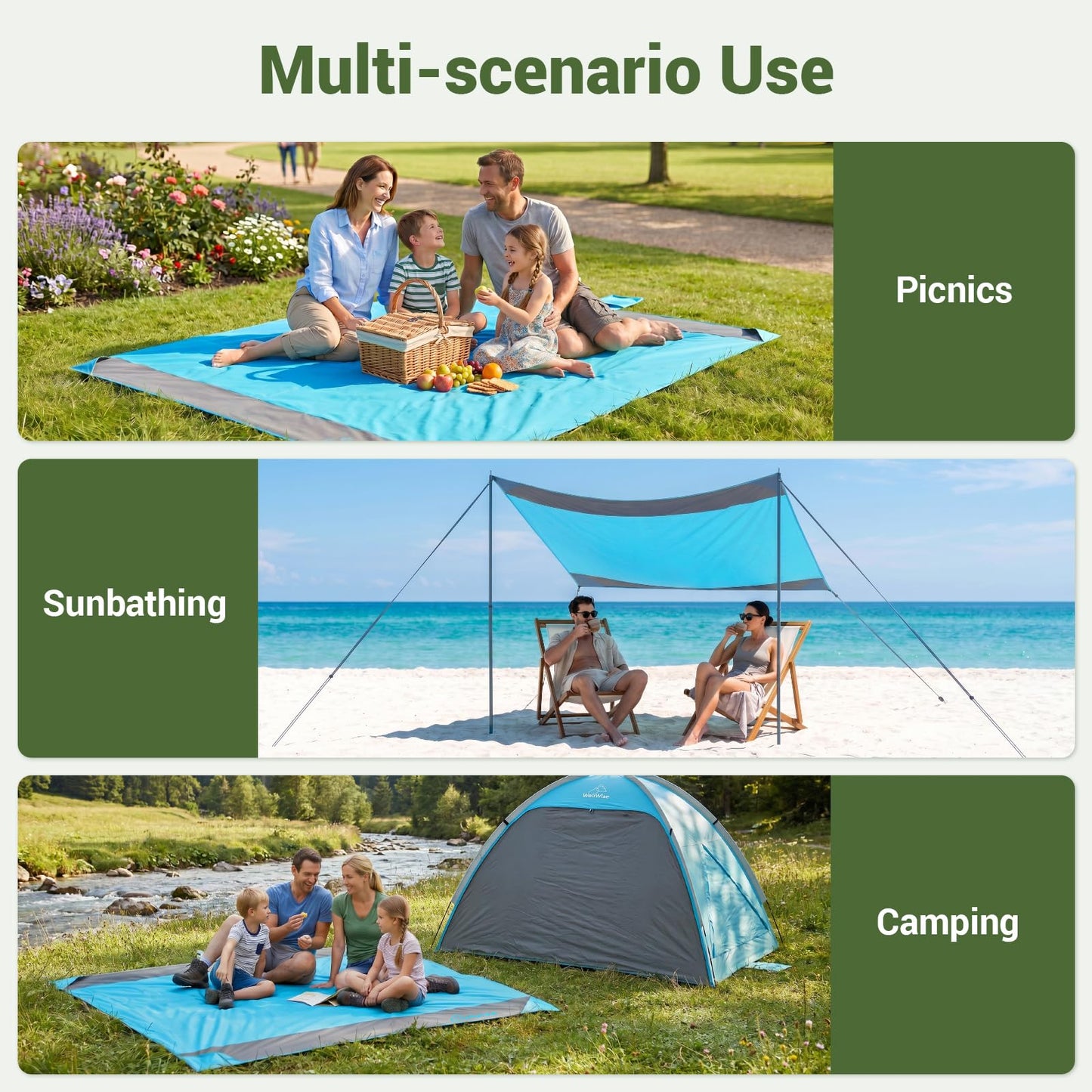 WolfWise 78" × 81" XXL Beach Blanket, Waterproof & Sandproof Picnic Mat with 4 Sand Pockets & 4 Stakes, Windproof Outdoor Camping Beach Mat, Lightweight, Fits 4 People, Blue