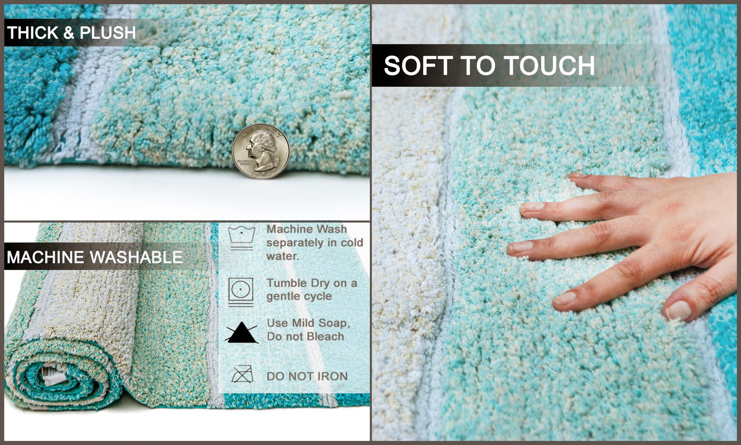 Chardin home Cordural Stripes Bath Mat, Set of 2 Bath Rugs (17 Inches x24 Inches & 21 Inches x34 Inches) | Non Slip Bathroom Rug, Machine Washable, Plush, Highly Absorbent | Aqua Turquoise Ombre