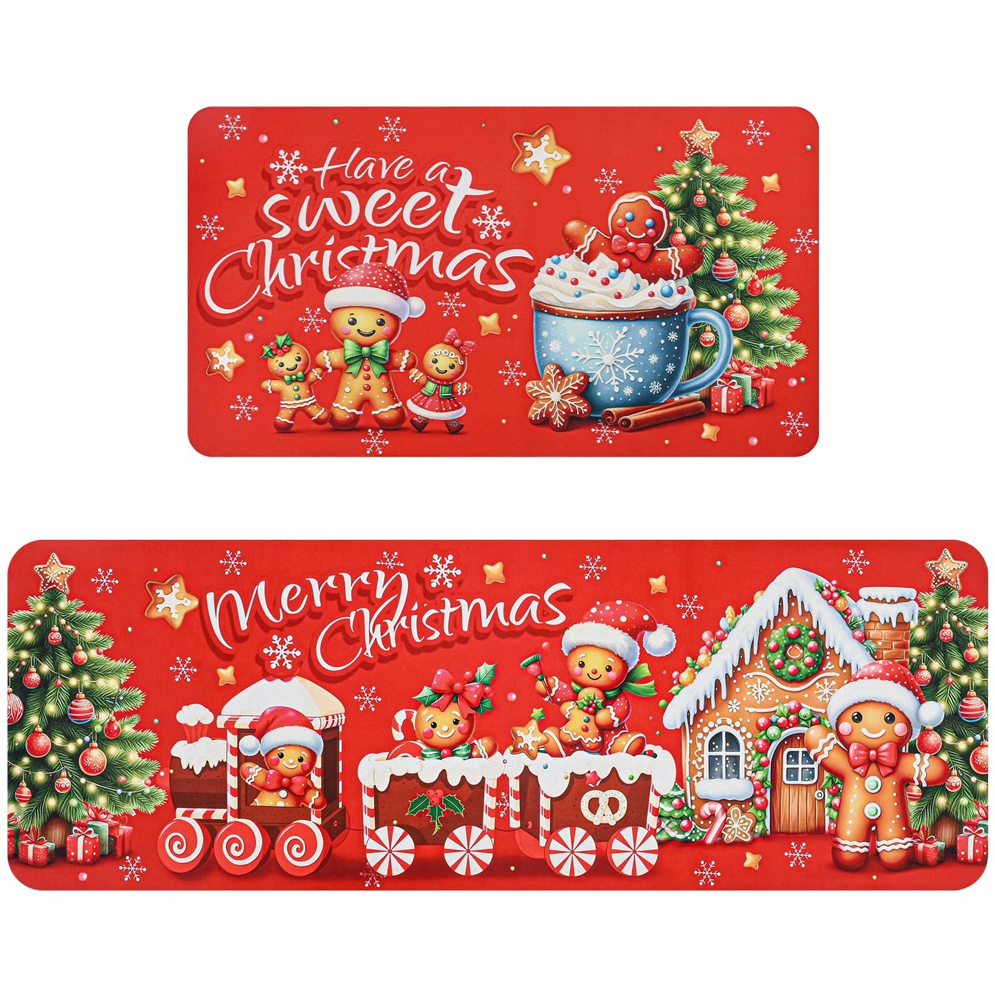 Gingerbread Man Christmas Kitchen Rugs Mats Decorations Set of 2 Winter Holiday Sink Floor Mat Carpet Non Slip Absorbent Funny Kitchen Rug Farmhouse Floor Mat Decor 17x30 and 17x47 Inch