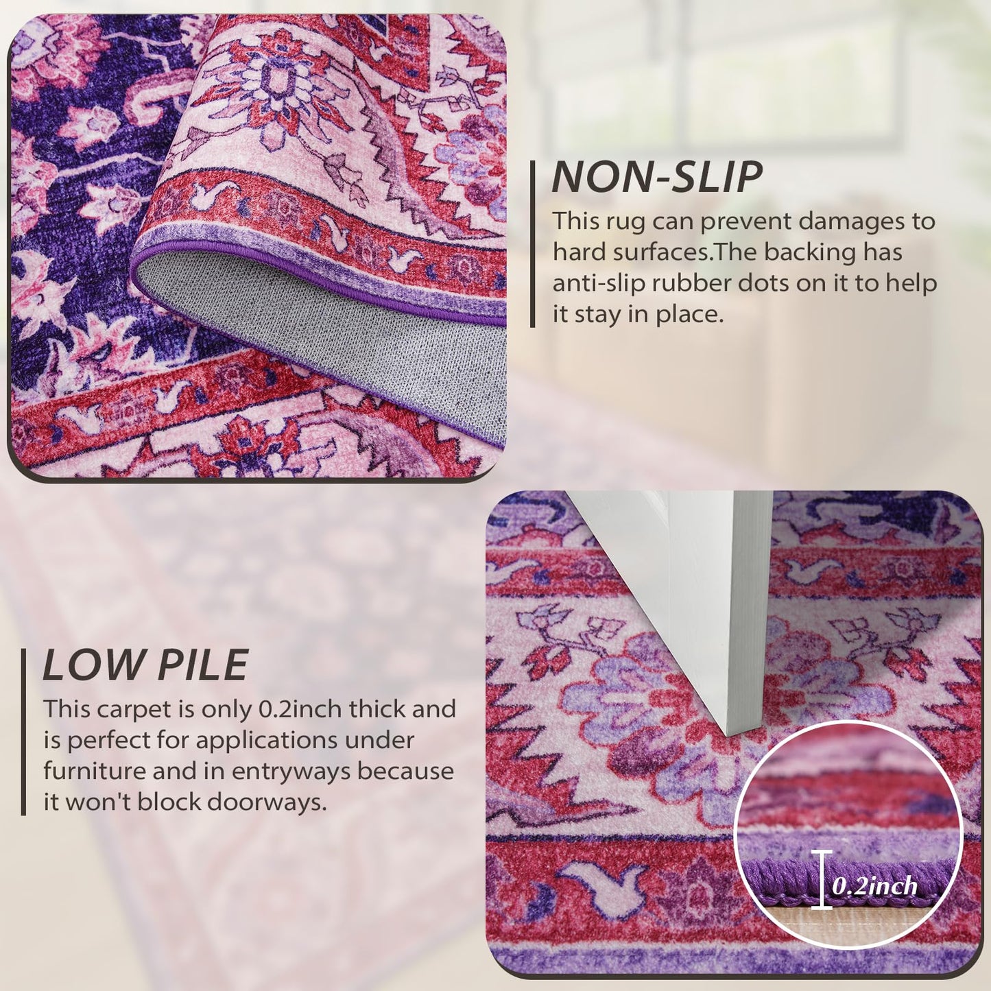 Rtizon Purple Area Rugs for Living Room, Washable 5x7 Area Rug for Bedroom, Retro Floral Carpet with Non-Slip Rubber Backing for Girls's Beside Dorm Home Office Dining Room Kitchen, Blue and Purple