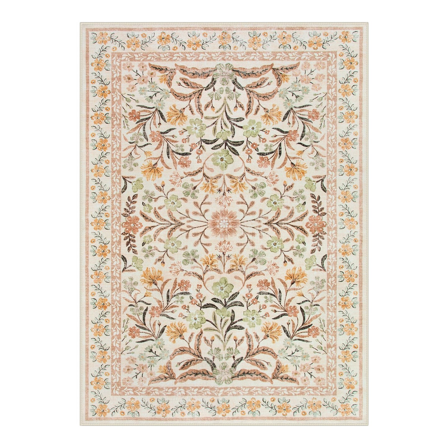 Lahome Sylvie Boho Nursery Living Room Rug, Washable Area Rugs 5x7 for Classroom Kids Room, Soft Floral Thin Carpet for Dorm Apartment Bedroom Decor, Ochre Fall