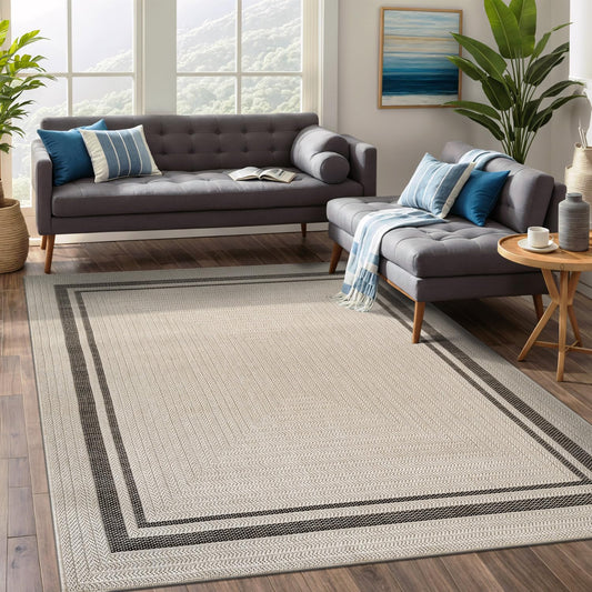Beverly Rug Easy Jute Bordered Rug 8x10 Washable Durable Indoor Outdoor Area Rugs for Living Dining Room Patio Office Stain Resistant Non Shedding Casual Indoor Outside Carpet 8 x 10 Off-White