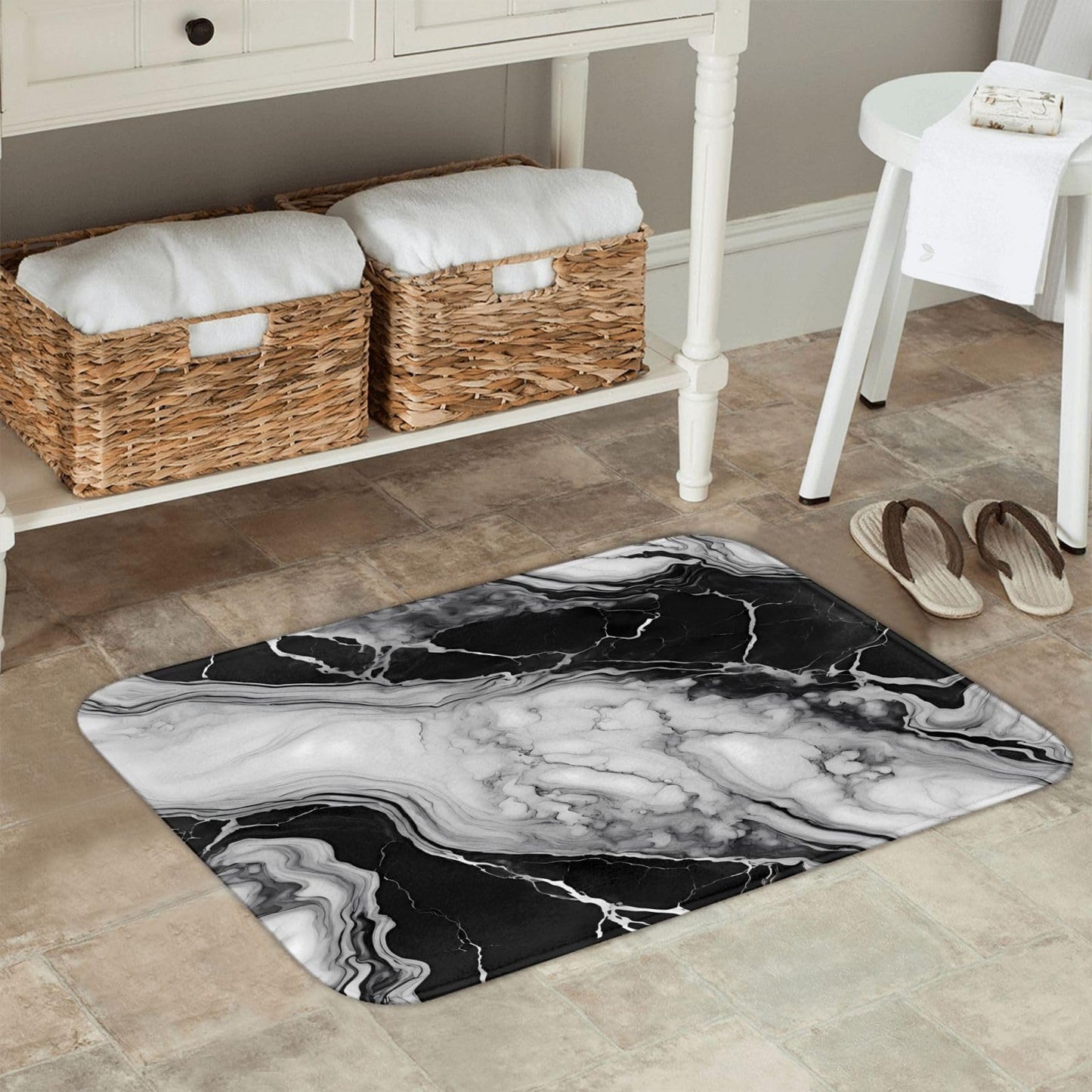 Sovvin Black and White Marble Bath Mat, Non-Slip Microfiber Rug, Soft Absorbent Kitchen Door Mat for Bathroom,Bedroom, 16x24 Inches