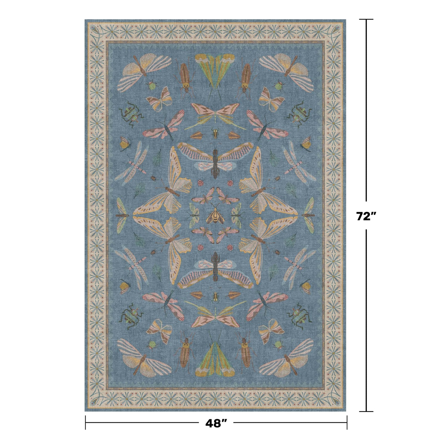 Washable 4x6 Small Rug for Living Room, Area Rug for Kitchen, Bedside, Large Entryway Indoor - Stain Resistant Non Slip with Rubber Backing, Insect Print Aethestic Décor, Light Blue & Aqua