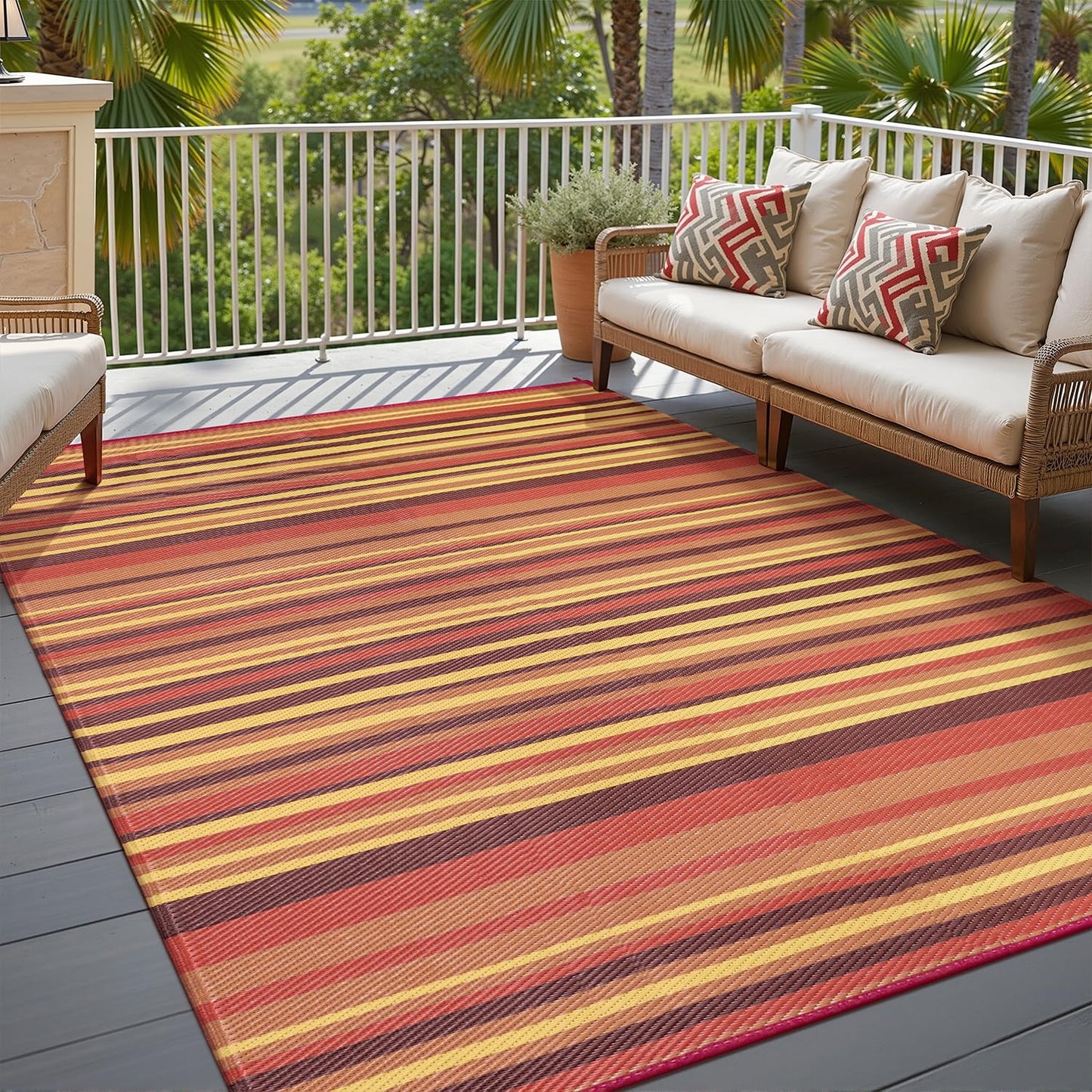 WondRg Outdoor Plastic Straw Rug Waterproof Patio 6x9 Red Orange Stripe Mat for Porch Camping RV Balcony Deck Courtyard Reversible Lightweight Durable Portable Carpet