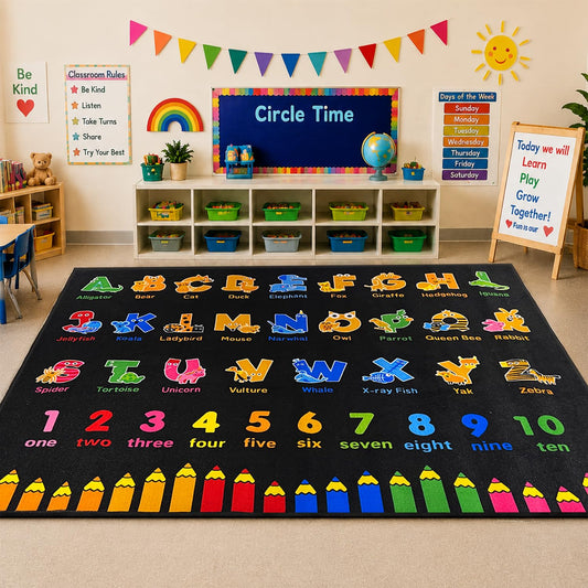AlaTyche Classroom Rug Elementary 7x9 ft with Alphabet Crayon Number