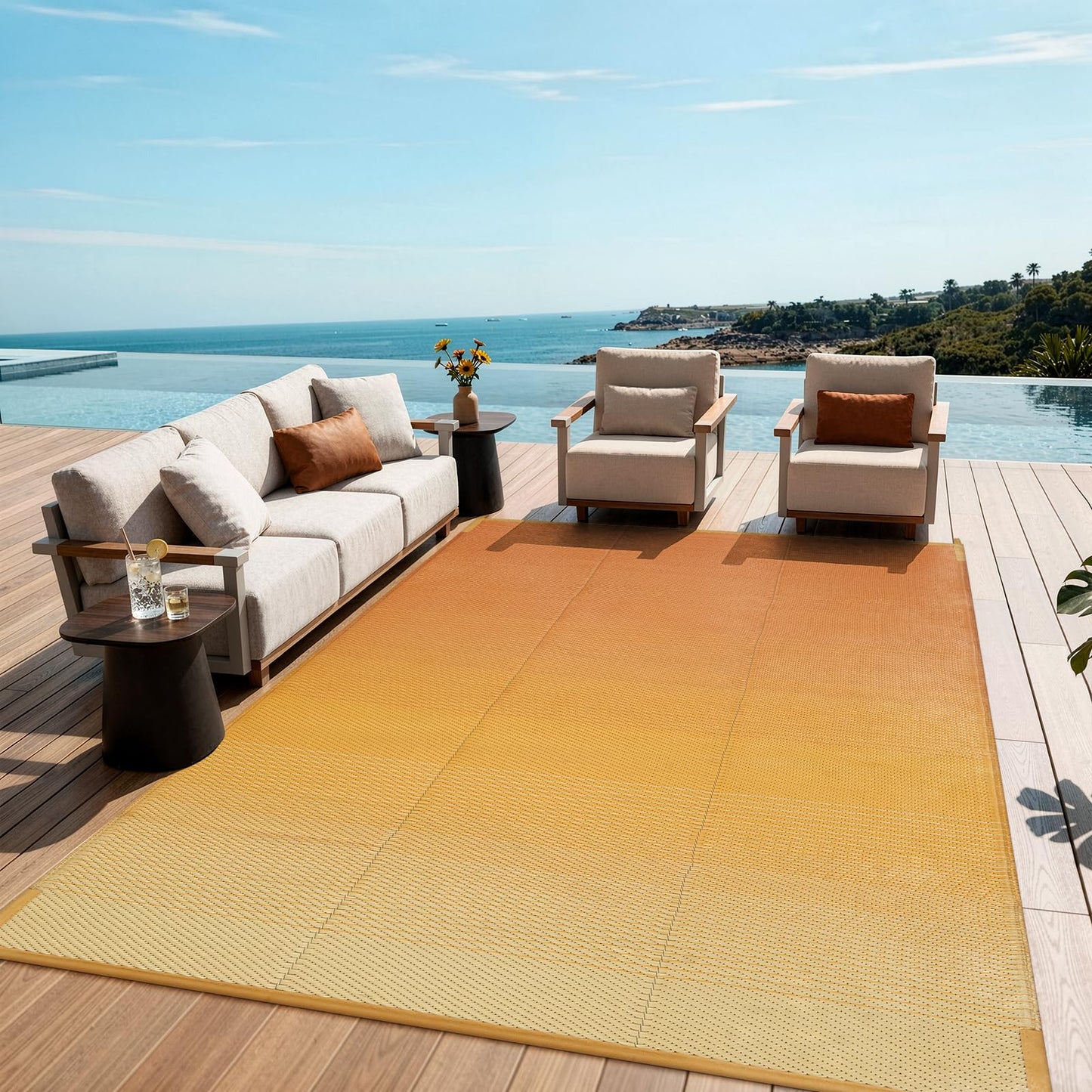 Lahome Waterproof RV Outdoor Rugs for Camping 8x10,Reversible Plastic Straw Rug Patio Rv Mats for Outside Under Awning,Portable Lightweight Carpet for Porch Backyard,Orange-Yellow 8x10