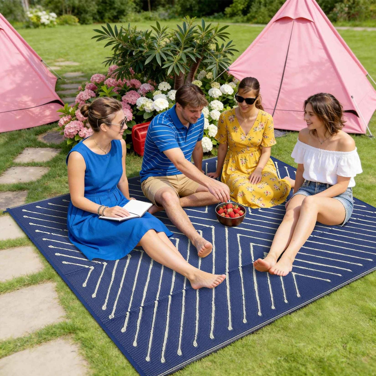 Garvee Striped 5x8 Outdoor Rug Waterproof Reversible Patio Mat, Portable Lightweight Plastic Straw Camping Rug for RV, Balcony, Backyard, Porch, Beach, Picnic, UV Protected & Easy Clean, Navy & White