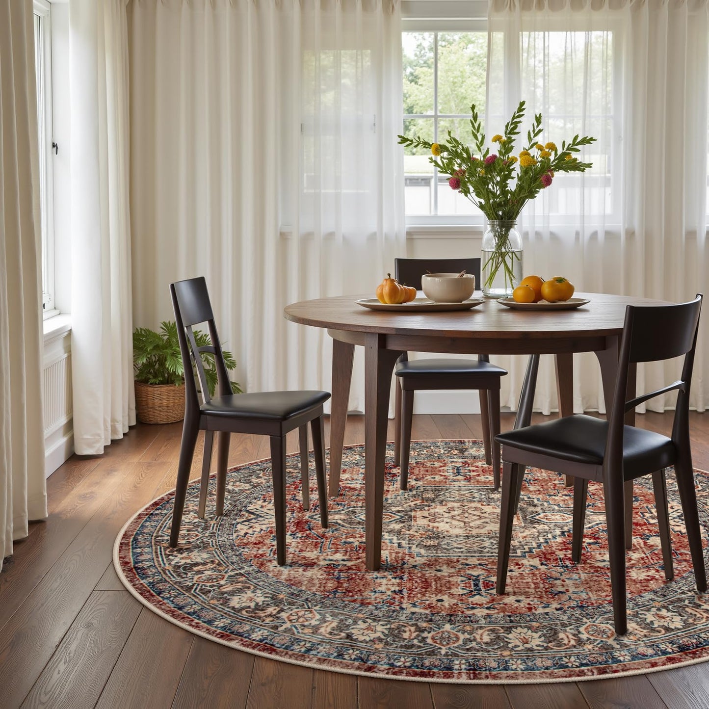 Lahome Oriental Washable Round Area Rug, Non-Slip Round Rugs 6ft Ultra-Thin, Soft Large Throw Circle Carpet for Living Room Bedroom Kitchen Nursery Eleanor, Brick Red