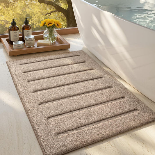LUMI Non-Slip Skin-Friendly Bathroom Rugs, Hotel Quality Bath Mats for Bathroom, Washable Fluffy Shower Mat, Minimalist Luxury Striped Style,Ideal for Floor, Shower Tub, Entryway, 17"x30", Beige