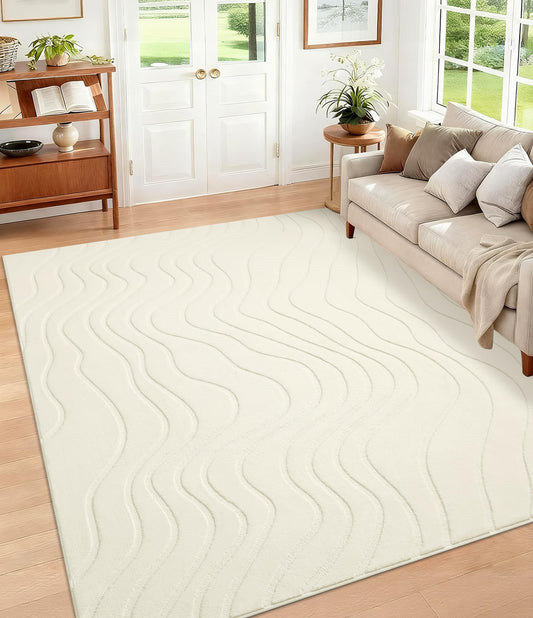 YIHOUSE 5x7 Abstract Wave Striped Area Rug, Modern Washable High-Low Pile Rug, Soft Textured Carpet for Living Room, Bedroom,Dining Room, Beige Ivory White