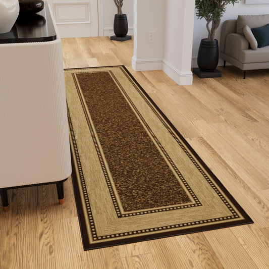 Ottomanson Hallway Runner Rug 2'7" x 9'10" – Non Slip Rubber Backed Carpet Runner for Hallways, Entryway, Living Room, Long Low Pile Indoor Floor Runner Rug, Border Brown