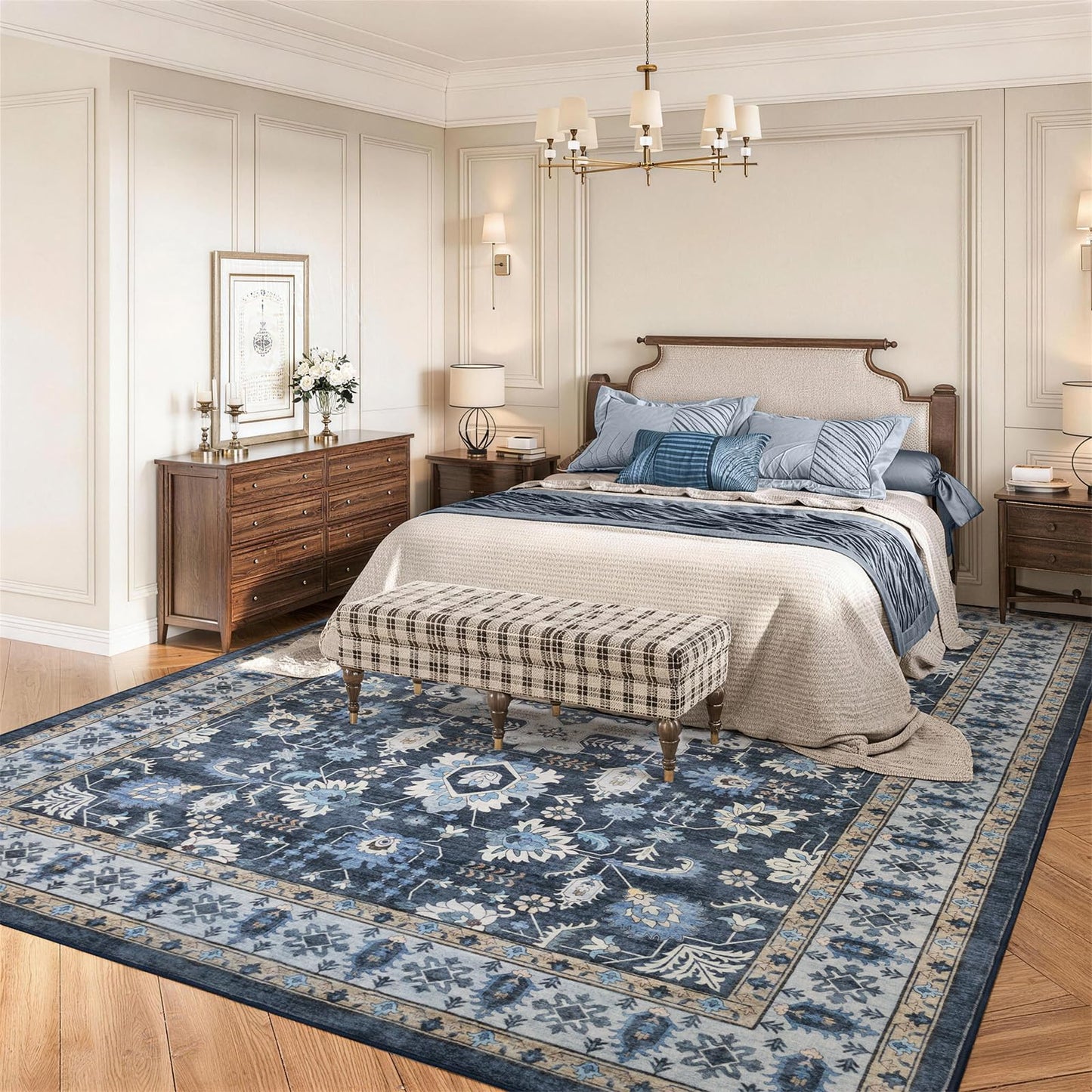 Trsury 8x10 Washable Living Room Area Rug, Boho Dark Blue Floral Medallion Low Pile Non-Slip Throw Rugs, Ultra Thin Foldable Carpet Under The Table for Bedroom,Dining Room,Playroom