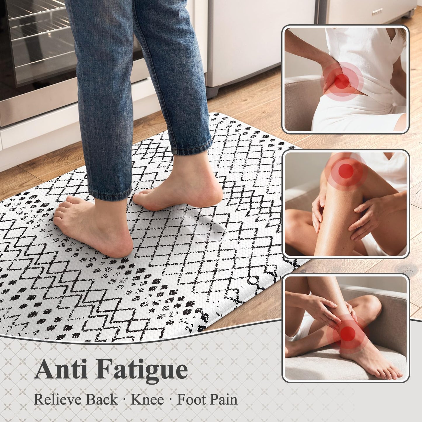 KIMODE Kitchen Mats 2PCS,Cushioned Anti Fatigue Kitchen Rugs and Mats,Non Skid Waterproof Kitchen Mats for Floor,Comfort Foam Standing Mat for Home Decor, Office,Sink,Laundry Room,Desk,Black and White