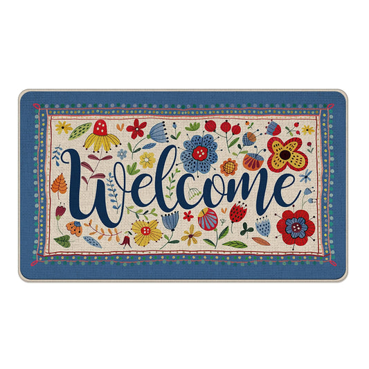 Livcoz Colorful Flower Welcome Front Door Mat, Pastoral Floral Blue Decorative Doormat Non-Slip Floor Entryway Rug, Spring Summer Low Profile Indoor Outdoor Home Kitchen Decoration 17x29 Inches
