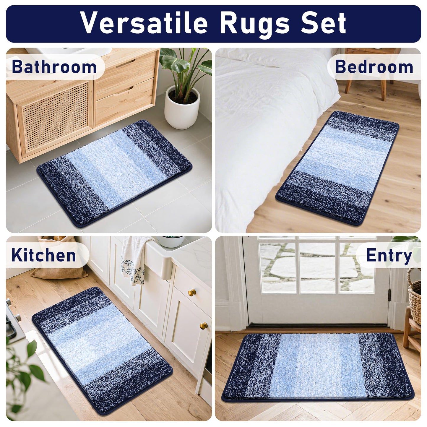 Bsmathom Bathroom Rugs Sets 4 Piece, Soft Absorbent Microfiber Bath Rugs with U-Shaped Contour Toilet Rug and Toilet Lid Cover, Thick Non-Slip Plush Shaggy Bath Mat Set,Navy Blue
