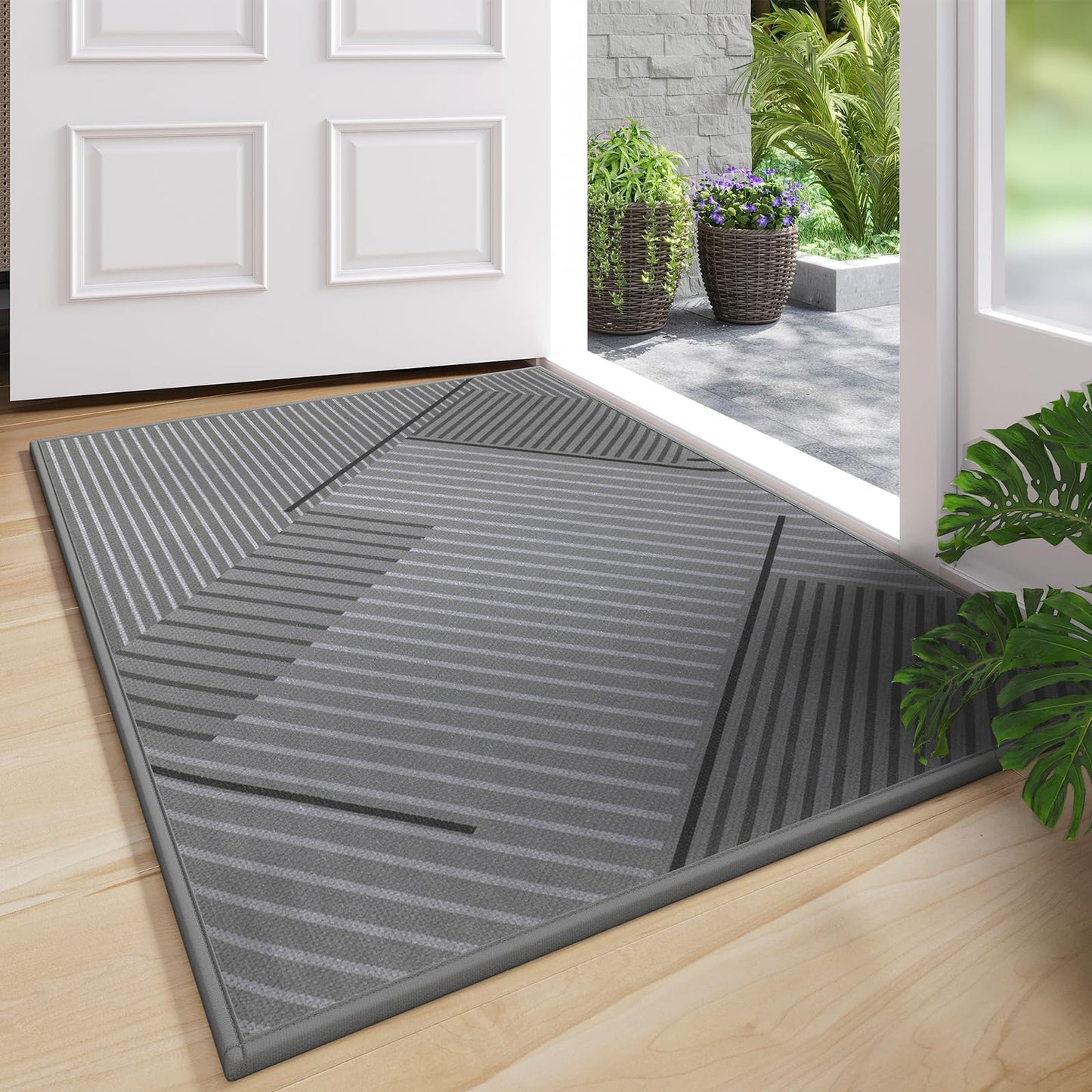 QiCaiJia Front Door Mat 31''x47'', Non Slip Absorbent Dirt Resist Washable Low-Profile Indoor Doormat, Easy Clean Welcome Entryway Door Mats, Grey