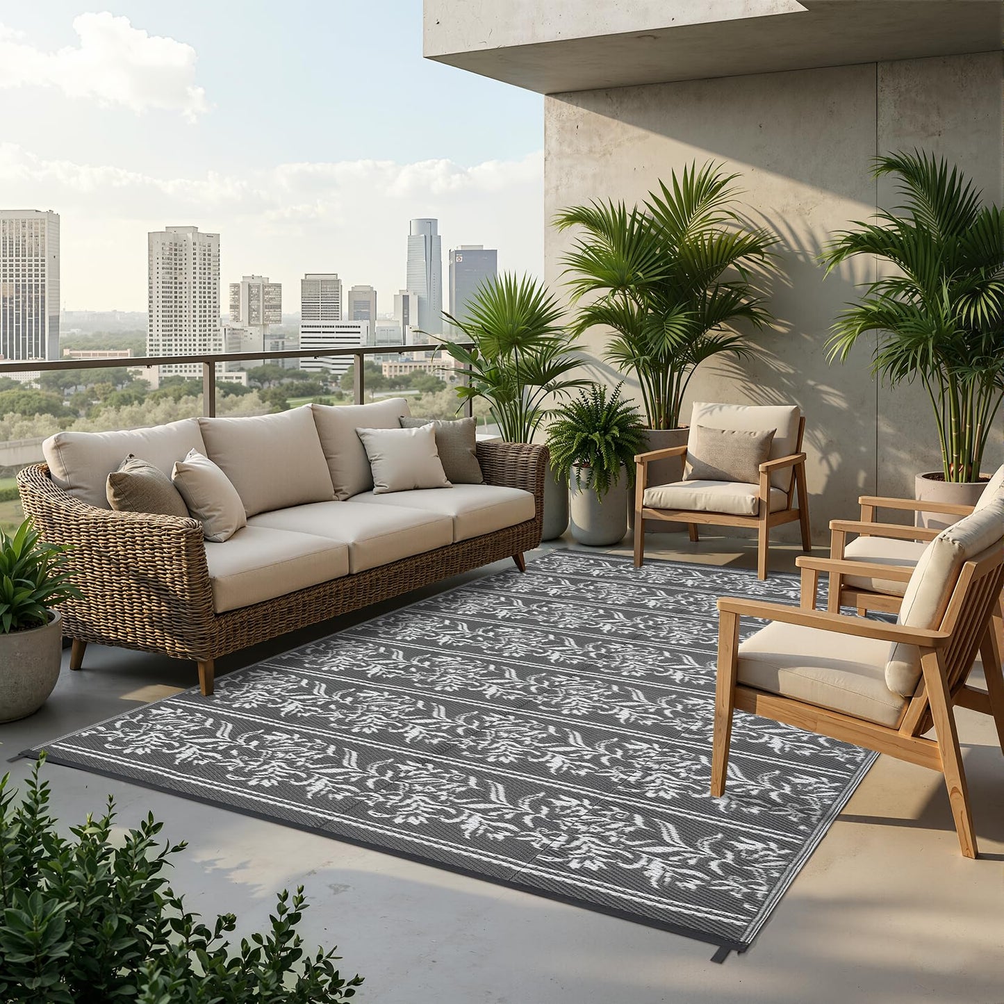 GarveeHome Outdoor Rug 9x12 Waterproof for Patio, Reversible Outdoor Plastic Straw Rug, Wallpaper Flower Indoor Outdoor Mat Carpet for RV, Camping, Deck, Backyard, Picnic, GreyWhite