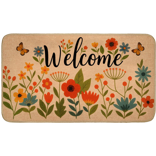 TRYYN Colorful Floral Welcome Door Mat,29.5x17inch,Indoor Outdoor Linen Floor Mats with Bright Flower and Butterfly,Non-Slip Rubber Backing Doormat,Spring Decor Gifts Rug for Entrance Kitchen Bedroom