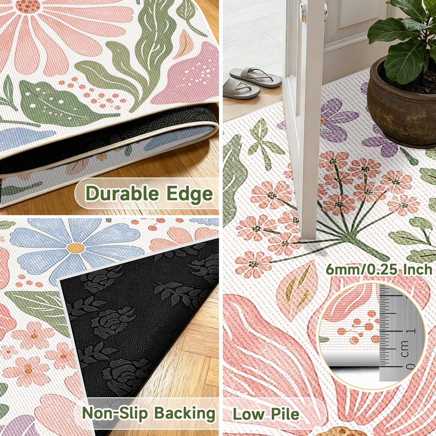 Pink Floral Area Rug for Living Room, 5x7 Soft Low Pile Washable Stain Resistant Non Slip Carpet, Boho Modern Abstract Botanical Pattern for Bedroom Sunroom