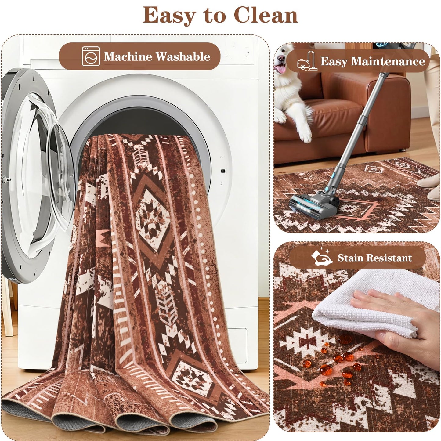 Yinhua Western Living Room Rug 5x7, Moroccan Low-Pile Washable Rug for Bedroom, Aztec Brown Rugs Non Slip with Rubber Backing, Soft Non-Shedding Carpet for Nursery Classroom Office