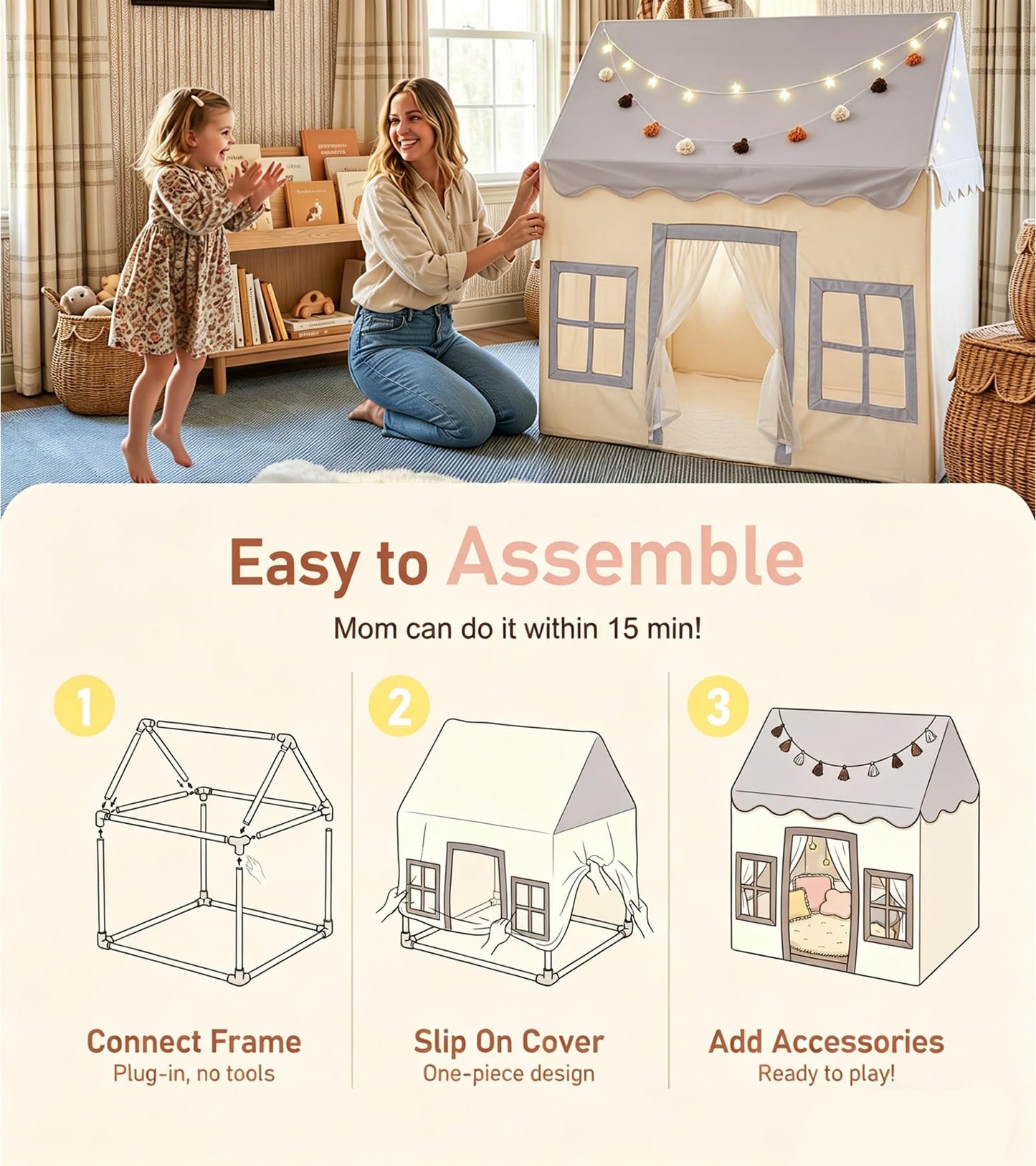 Large Kids Tent with Mat, Star Lights, Tissue Garland, Play Tents for Indoor & Outdoor Use, Kids Play Tent for Girl & Boy Aged 3+, 52" x 35" x 52" Playhouse with Windows, Washable, Grey