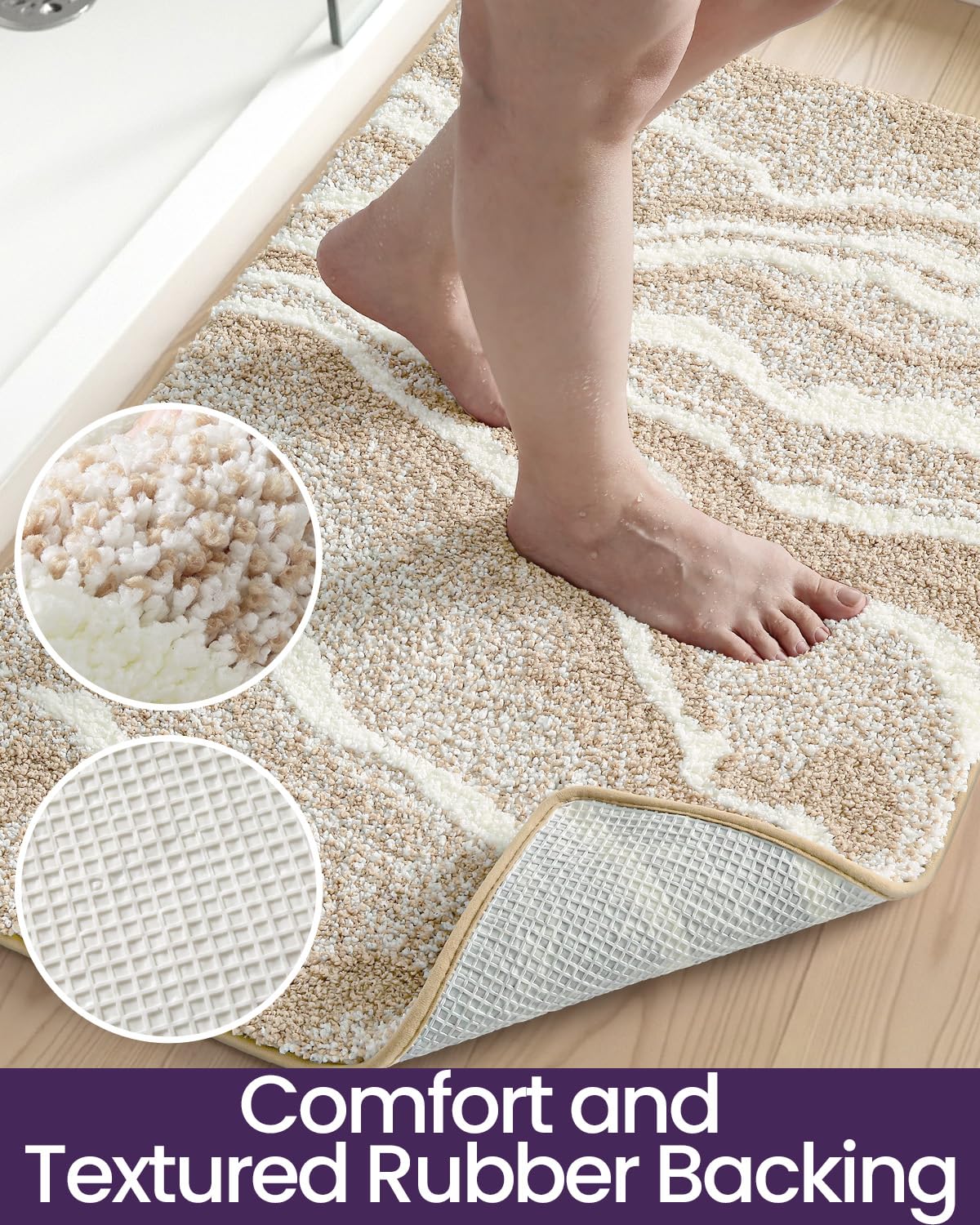 DEXI Bathroom Rug Mat 30x17, Soft and Absorbent Marble Bath Mat, Non Slip Machine Washable Bath Rugs for Shower Floor, Tub, Sink, Beige