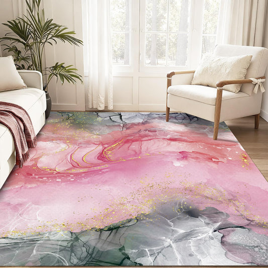 VTKON Pink Grey Marble Rug for Bedroom Marbled Texture Area Rug Tie-Dye Pink Gold Floor Mat for Living Room Dining Room Modern Carpet for Girls Women Room Decor, 4'x6'