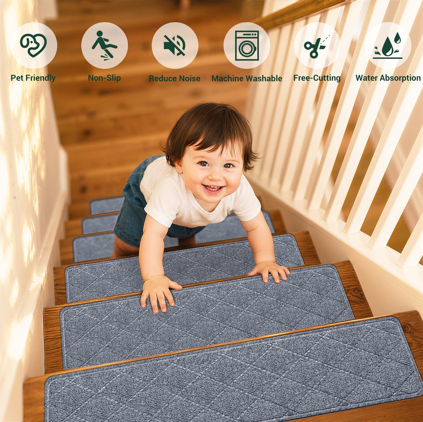 TranquilMoments Stair Treads Non-Slip for Wooden Steps, 4Pack - 8" x 30" Edging Stair Runner Indoor for Kids Elders & Pets, Washable Carpet Stair Treads with Peel & Stick Reusable TPE Backing, Grey
