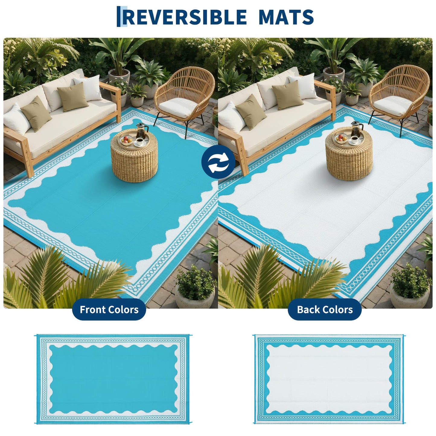 GarveeHome Outdoor Rug 8x10 Patio Waterproof, Reversible Plastic Straw Rugs for Camping, Picnic, Balcony, Porch, RV, Easy-Clean & Quick Dry Scalloped Pattern Large Indoor Outdoor Carpet, Light Blue