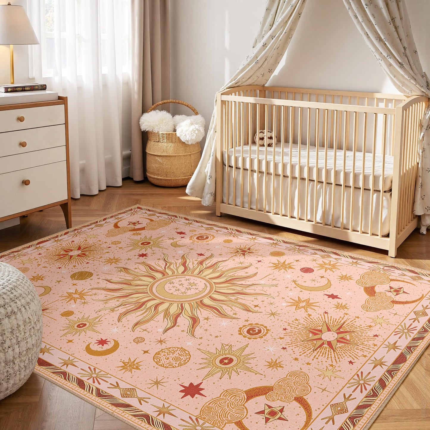 meejou 5x7 Area Rugs, Washable Vacuum-Friendly Non-Slip Rug Vintage Boho Gothic Sun and Moon Printed Pattern Low Pile Carpet for Living Room Bedroom Dining Room Hallway Entryway,Pink Gold Beige Red