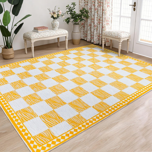 Lacomfy Checkered Rug Carpet 5x6.6Ft Modern Abstract Zebra Mat for Kids Boys Girls Bedroom Farmhouse Living Room Office Entryway Decor, Chic Stripe and Checkerboard, Nonslip Washable, Yellow