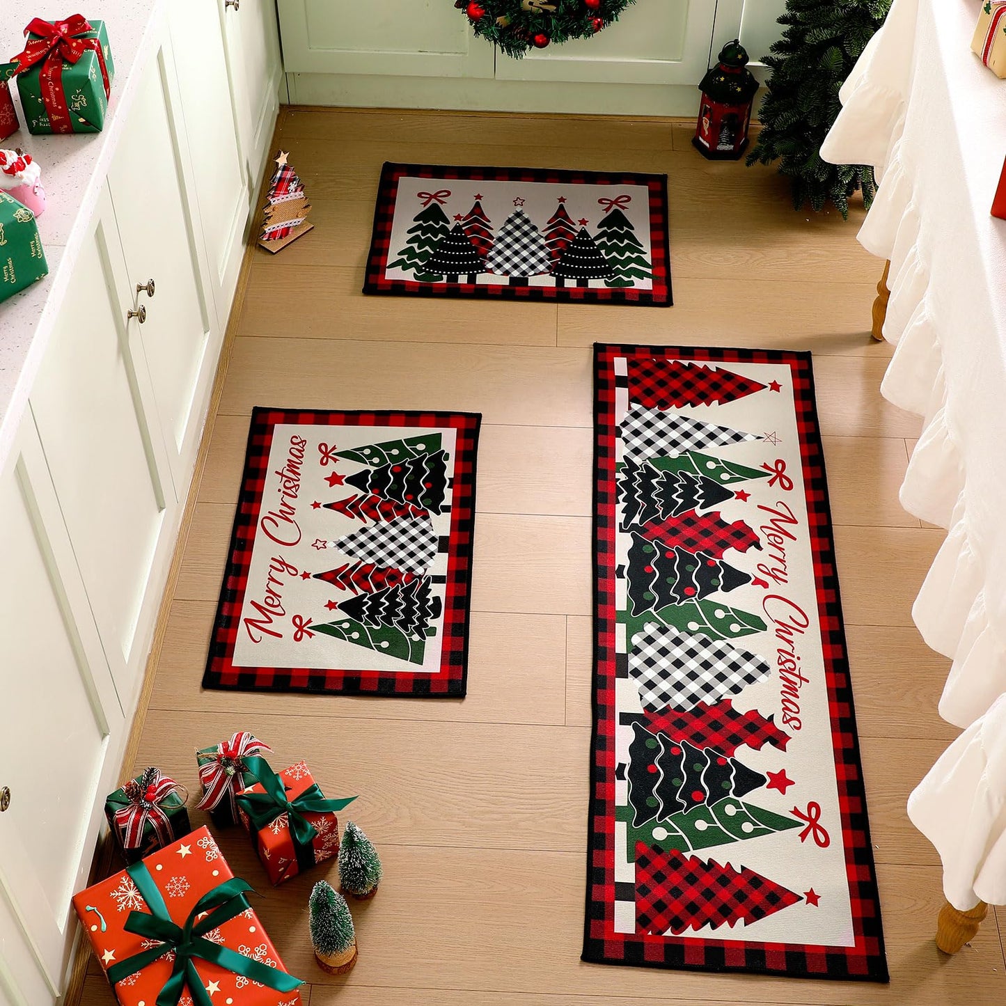 Tinideya 3 Pcs Christmas Tree Kitchen Rug Christmas Buffalo Plaid Kitchen Mats Set Xmas Tree Rugs Indoor Washable Carpet for Home Floor Winter Decor, 16 x 24 Inch and 16 x 47 Inch