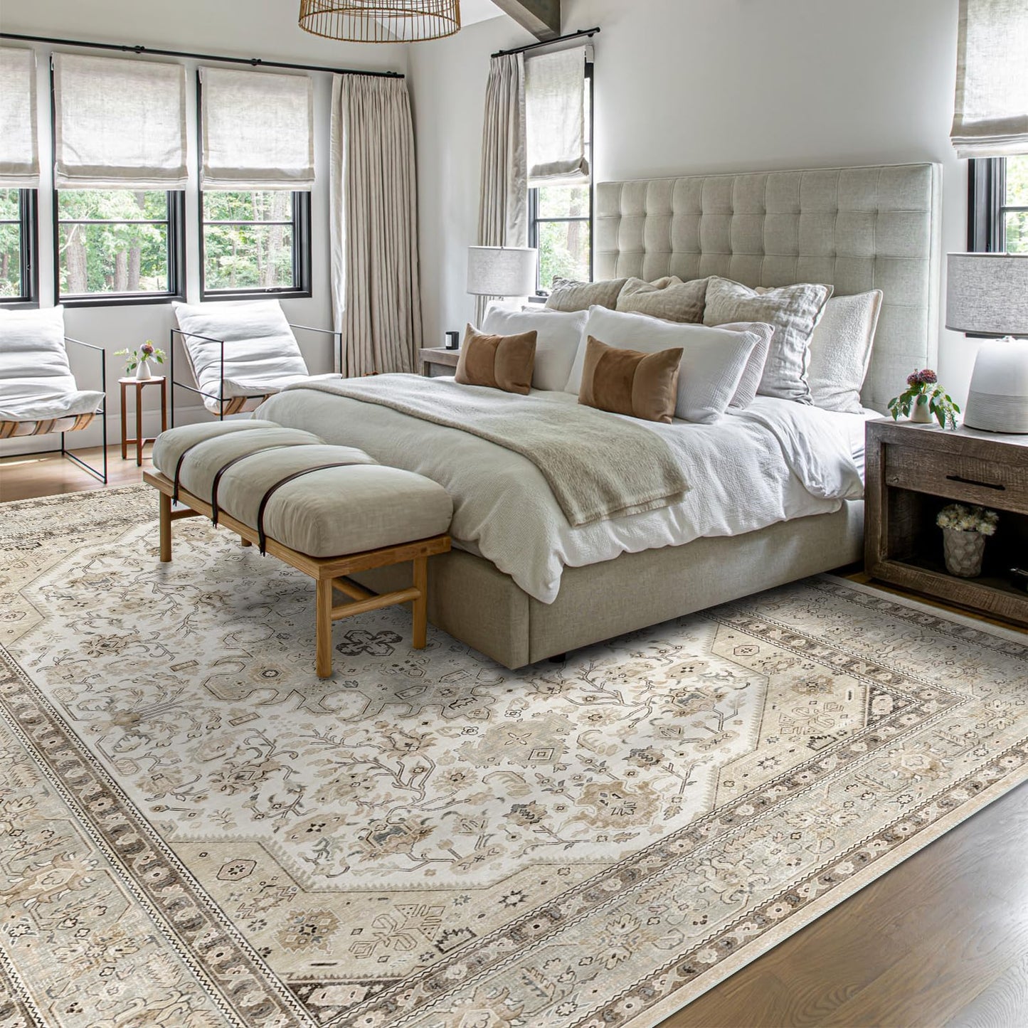 HILORUUG Washable Area Rug 9x12 - Bedroom Living Room Large Indoor Oriental Rugs - 0.13inch Low Pile Stain Resistant Rugs with Rubber Backing for at Least 108 sq ft Spaces (9x12 Ivory/Multi)