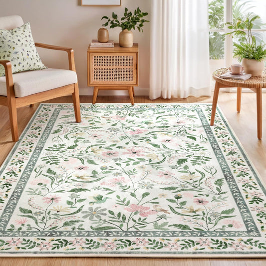 SHACOS 5x7 Floral Area Rugs for Living Room, Machine Washable Vintage Boho Rugs for Bedroom, Non Slip Soft Floral Low-Pile Nursery Carpet for Kids Room Dining Room Entryway Indoor, Green